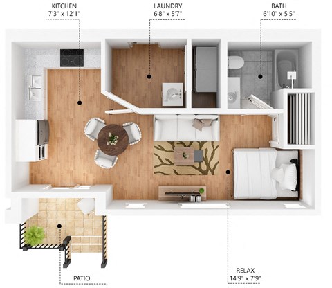 Floor plan for studio, 1 bath, 525 sqft